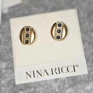 Nina Ricci Vintage 22kt Gold Plated Sapphire Crystal Stud Earrings, New